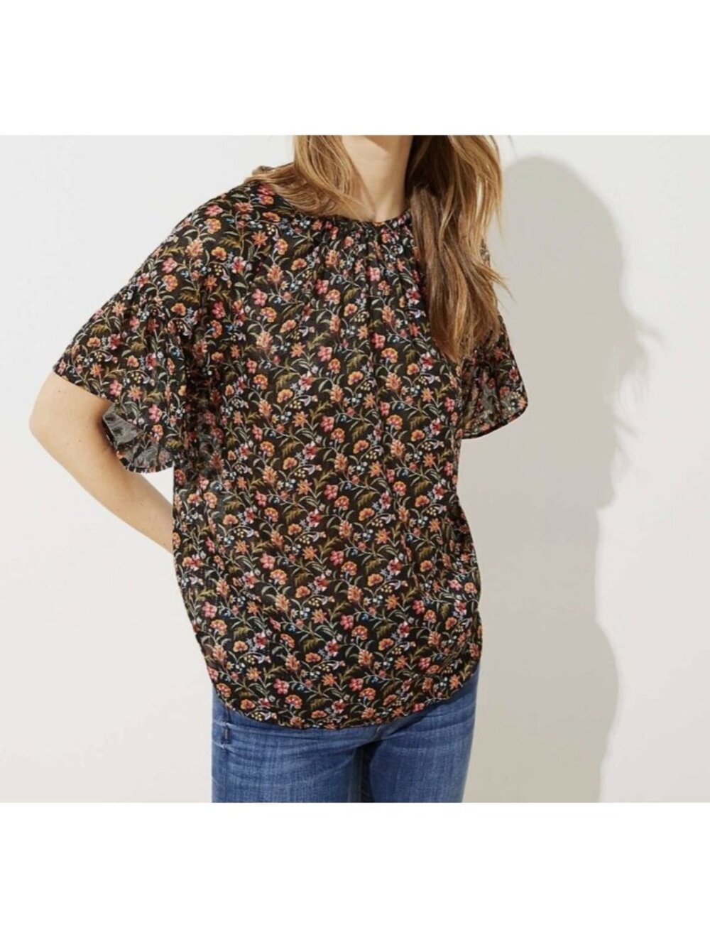 Ann Taylor LOFT Dark Floral tie back Metallic Blouse Large
